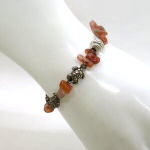 Carnelian Stone Chips Silver Bracelet Sea Turtle‎ Silver Tone Charms